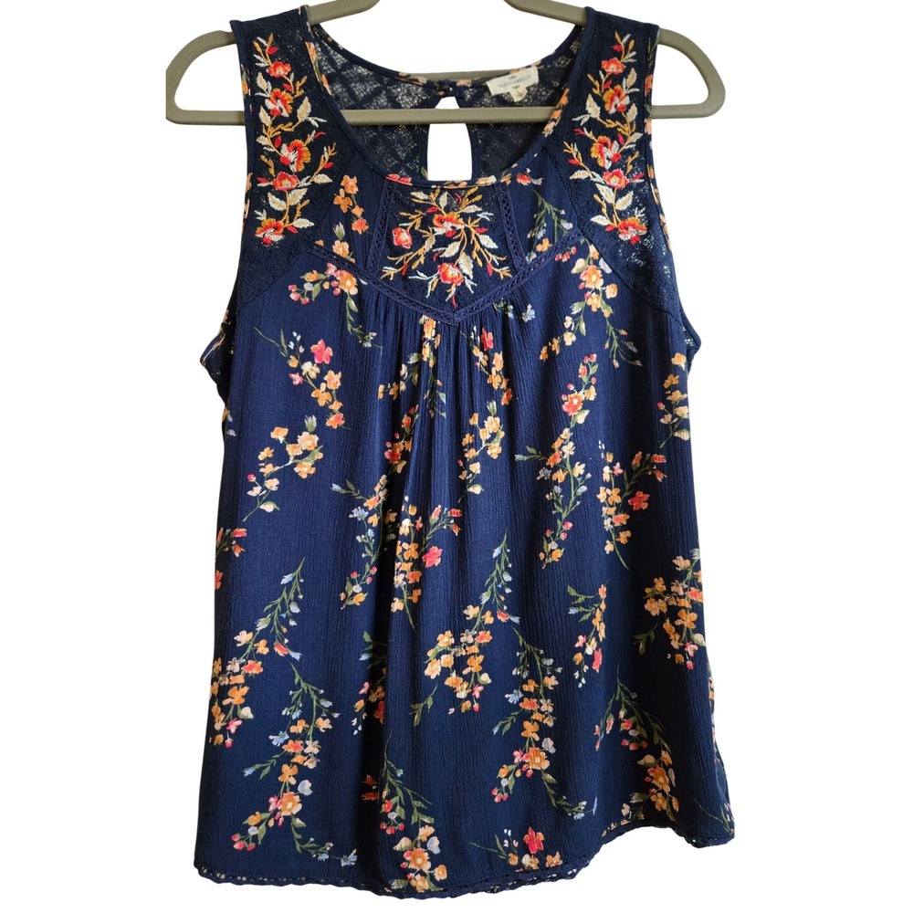 Mason & Belle Cottage Blue Floral Embroidered Lace Trim Sleeveless Top Womens L